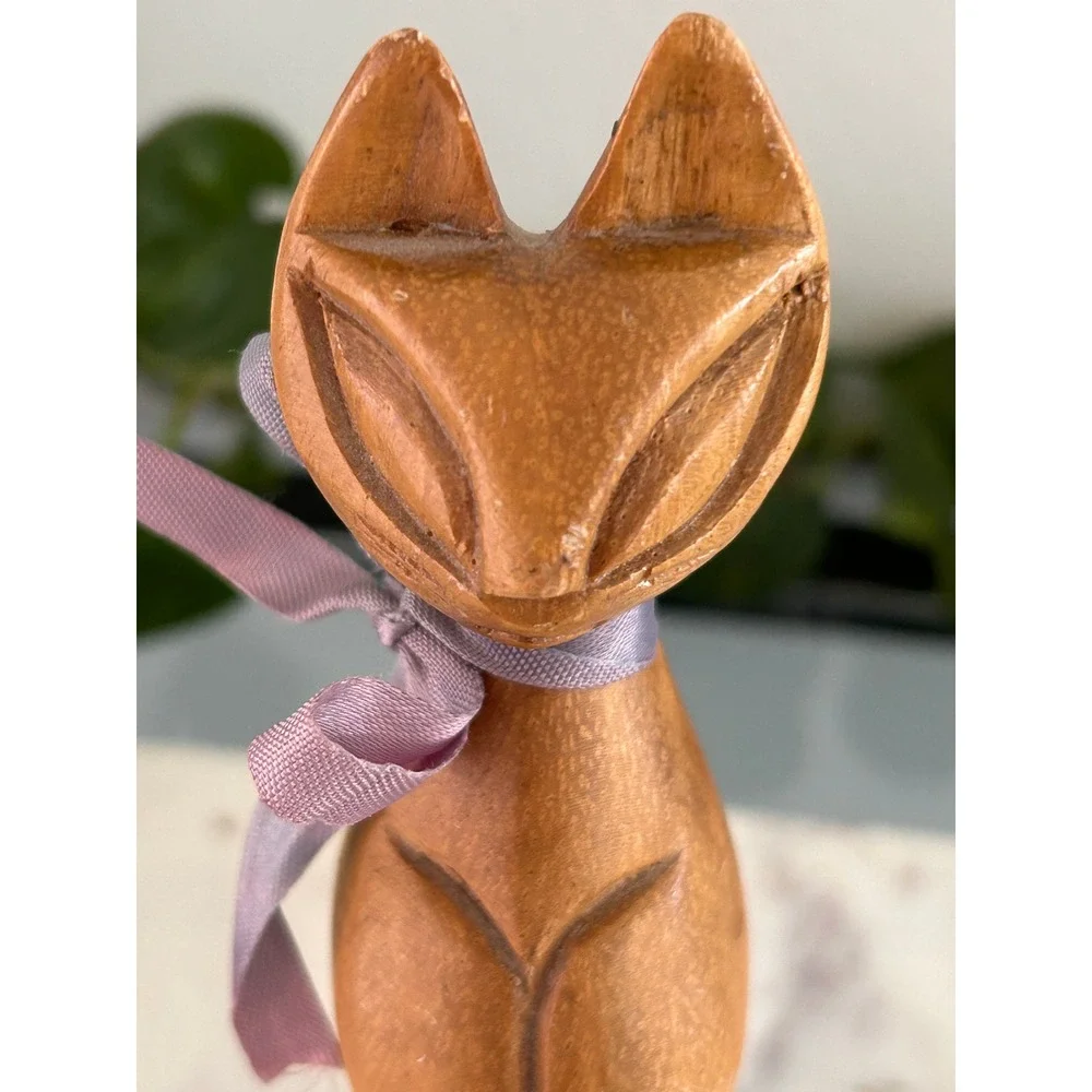 Vintage Mid Century Modern Hand Carved Wooden Cat Figurine MCM Feline Statue 6